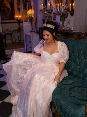 Elegant Sparkle Puff-Sleeve Wedding Dress in Iridescent Pink - By FANCIFULL DOLL